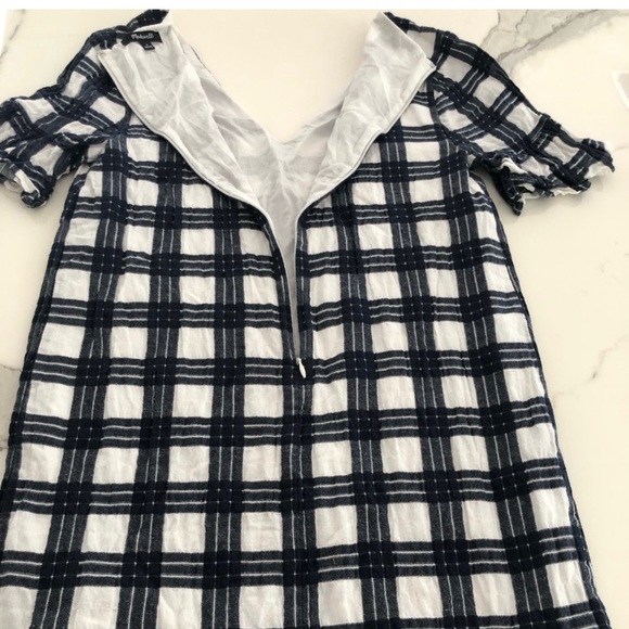 Madewell Dress.Sz 2 shift mini Leighton Navy Blue plaid dress ruffle sleeve - Picture 3 of 8